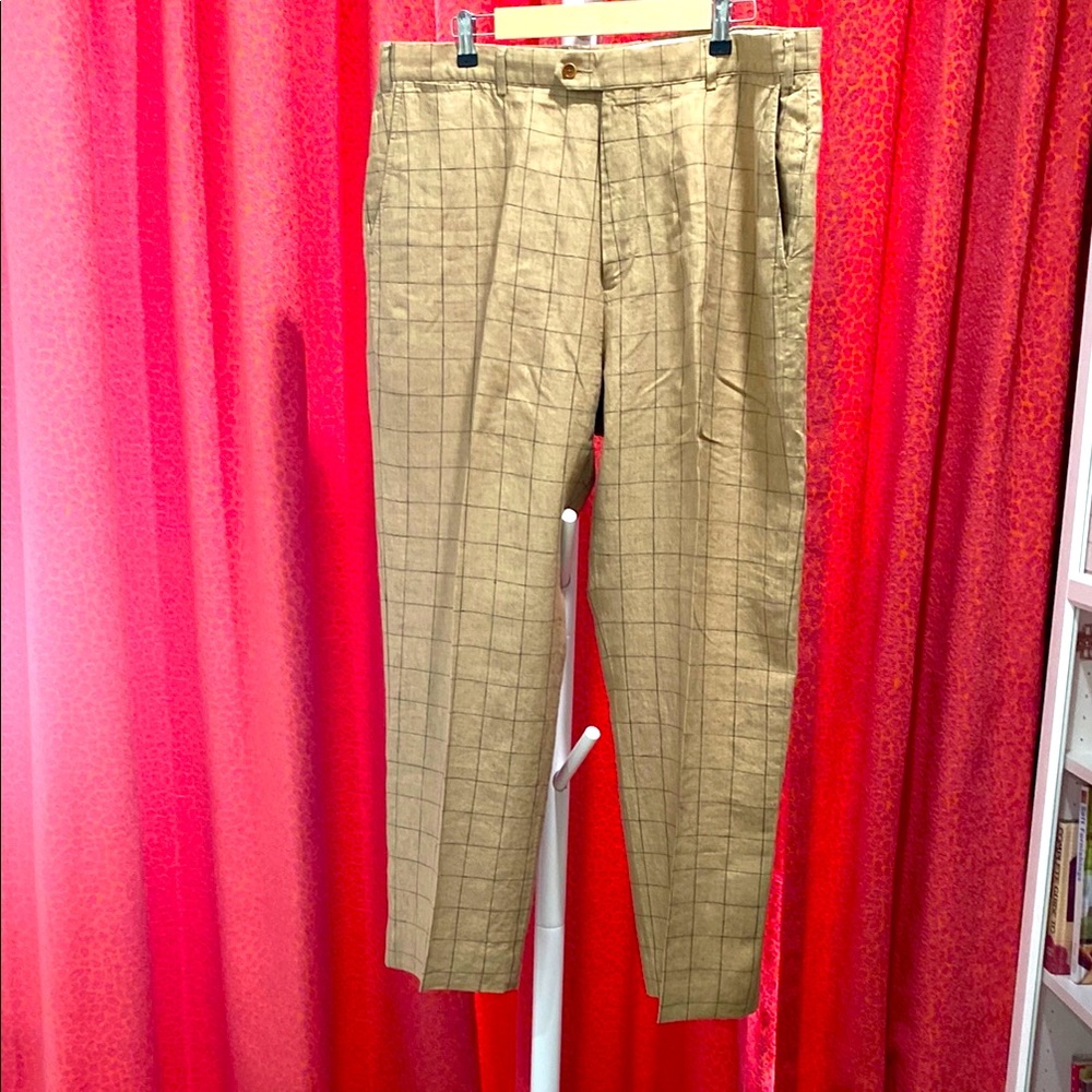 Scott Barber mens 100% linen trousers. Tan with black size 40/28